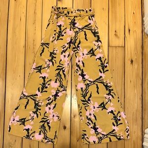 Marimekko silk wide leg pants, tan/pink floral, size 6